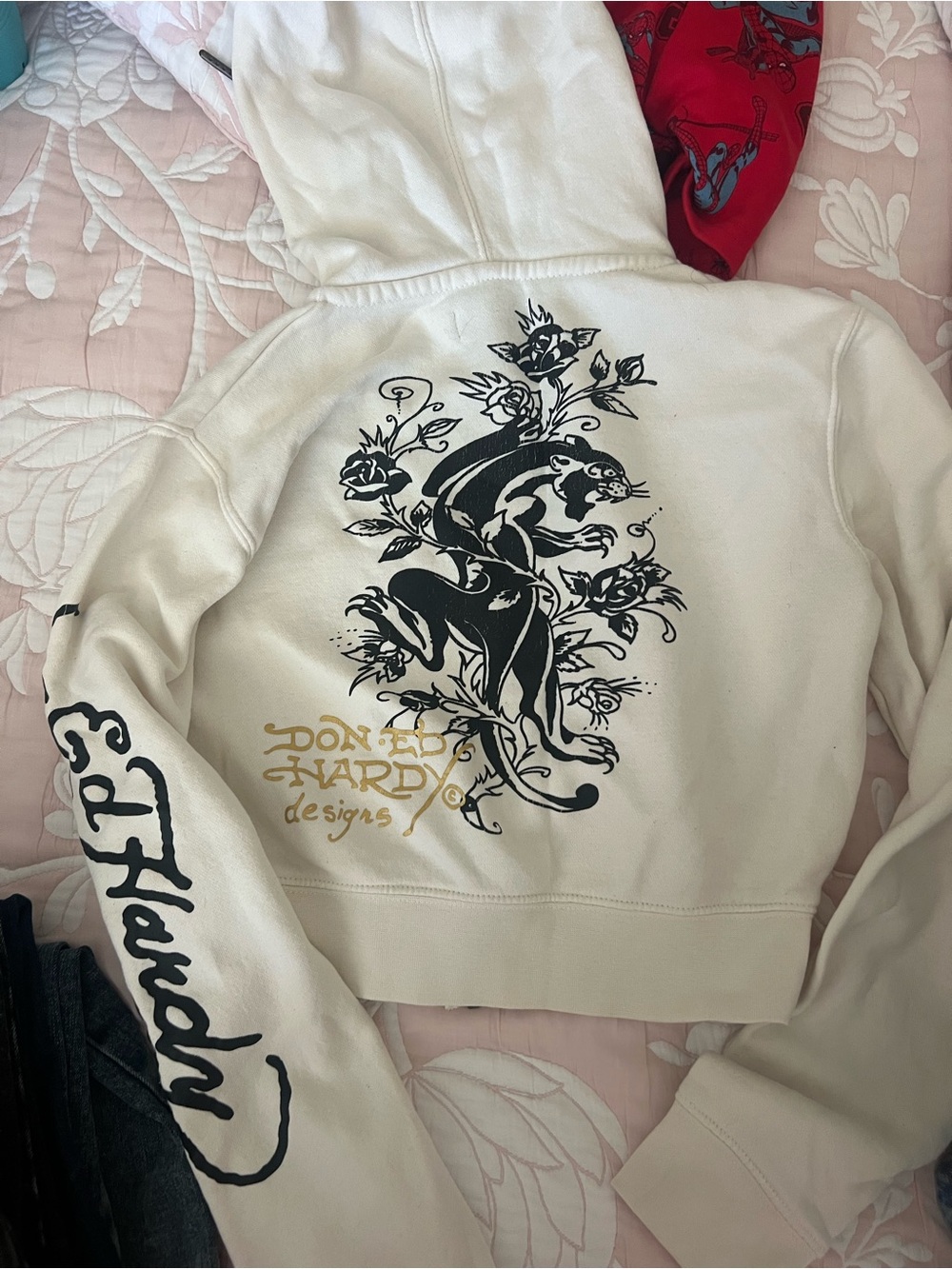 Ed Hardy Cream Zip-Up Hoodie with Black Script & Colorful Tattoo Graphics - Picture 3 of 3